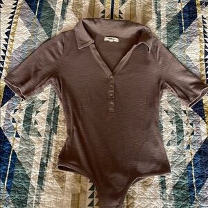 Madewell brown knit collared v-neck bodysuit
